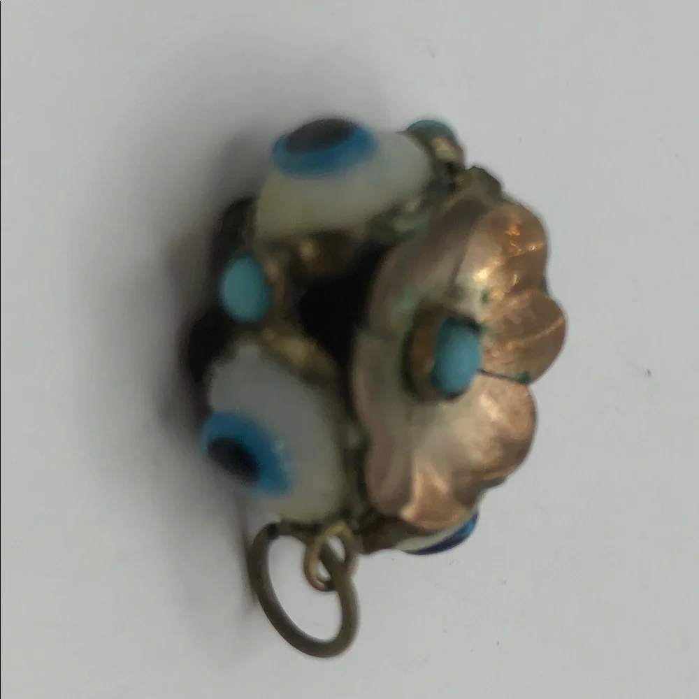 Vintage Brass Turkish Evil Eye Sphere Charm Pendant | Flower & Turquoise Accent